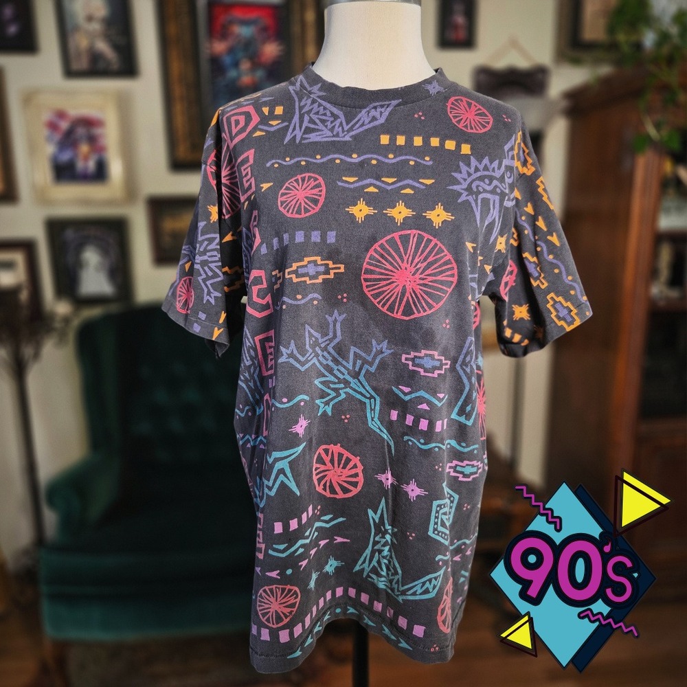 Descente T-Shirt Single Stitch Vintage 90s Southwest All Over Print Black Large